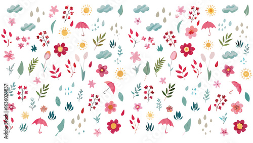 Watercolor pattern featuring flowers umbrellas suns clouds and leaves on a white background creating a spring theme