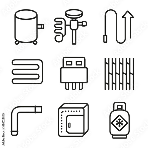 HVAC Compressor Components Icons. Line style icons of HVAC compressor components: sealed compressor canister, expansion valve,