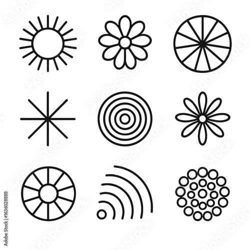 Radial Symmetry Icons. Line style icons of radial symmetry forms: sunburst ring, radial floral shape, circular segment pattern,