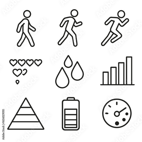 Workout Intensity Icons. Line style icons of workout intensity levels: low impact walk icon, moderate jog icon, high intensity