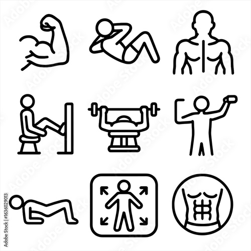 Workout Icons Showcase. Line style icons of body part workouts: arm flex icon, abdominal crunch symbol, back muscle figure, leg