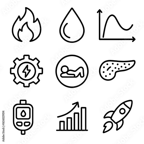 Metabolic Health Icons. Line style icons of metabolic health: metabolism fire symbol, sugar drop icon, insulin response curve,