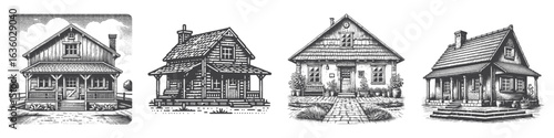Vintage Hand-Drawn Countryside House Illustration, Rustic Home Engraved Vector for Nature and T-Shirt Design