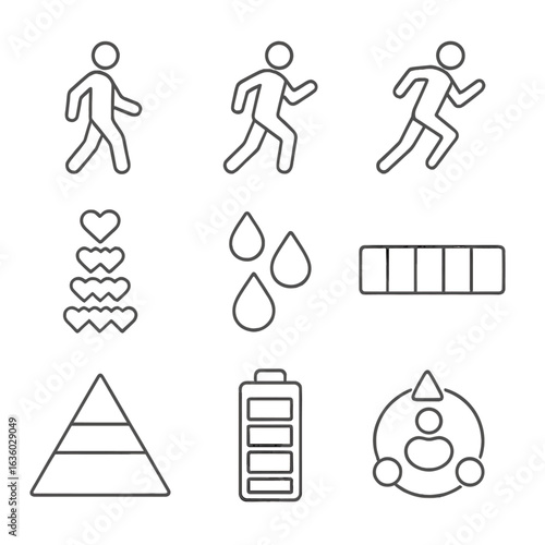 Workout Intensity Icons. Line style icons of workout intensity levels: low impact walk icon, moderate jog icon, high intensity