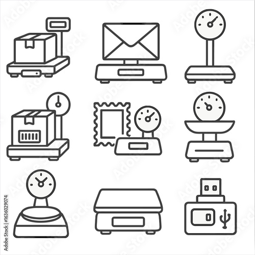Postal Scale Icons. Line style icons of postal and shipping scales: parcel on digital scale, envelope weight icon, mailroom flat
