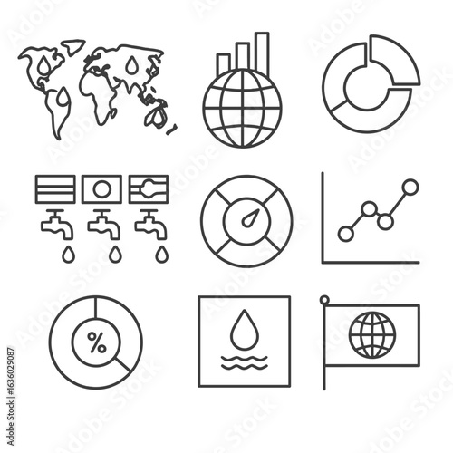 Water Statistics Icons. Line style icons of global water statistics: map with droplet marks, bar graph over globe, water usage by