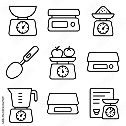 Kitchen Scale Icons. Line style icons of kitchen and cooking scales: bowl on top scale, tare button scale, spice measuring scale,