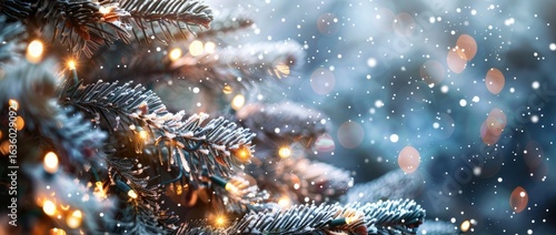 Wallpaper Mural magical winter background with frosted spruce branches snow drifts and twinkling lights photography, Frosty Pine Branch Against a Blue Sky With Bokeh Torontodigital.ca