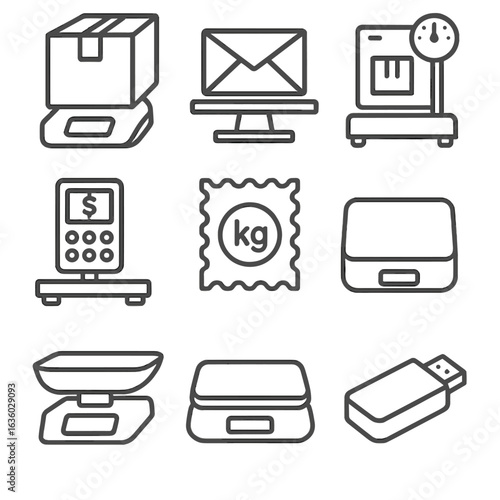 Postal Scale Icons. Line style icons of postal and shipping scales: parcel on digital scale, envelope weight icon, mailroom flat