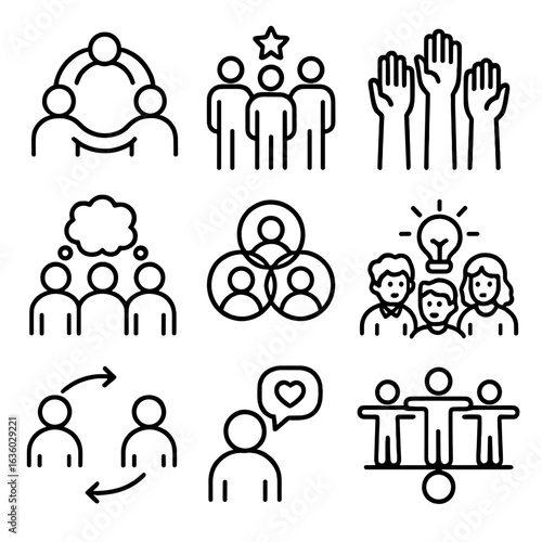Team Dynamics Icons. Line style icons of team dynamics in ideation: trust circle, shared leadership icon, equality hands raised,