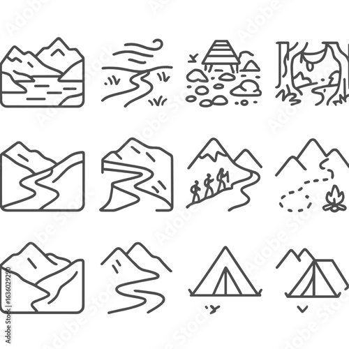 Remote Terrain Icons. Line style icons of remote and wild terrain: alpine lake with ridge, tundra trail with wind, swamp boardwalk