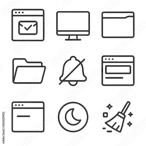 Minimalist Digital Icons. Line style icons of decluttered digital environment: inbox zero screen, desktop with no icons, single