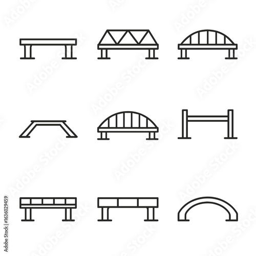 Bridge Icon Line Art. Line style icons of simplified bridge and span models: flat beam bridge, truss over span, cable tension arc,