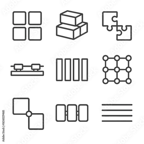 Modular Design Icons. Line style icons of modular and repeatable forms: repeating square modules, stackable block layout, snap-fit