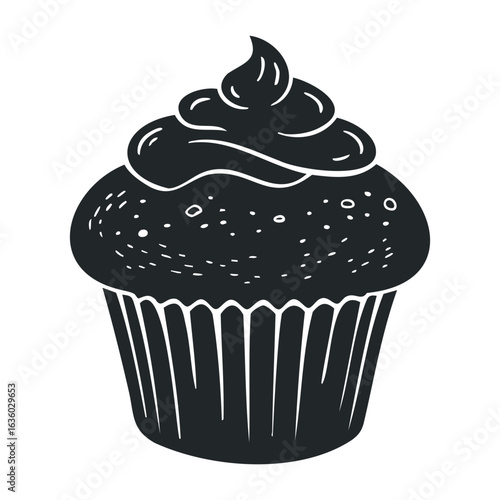 Monochrome cupcake silhouette with frosting on white background. Vector illustration