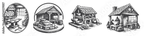 Vintage Hand-Drawn Blacksmith's House Illustration, Artisan Home Engraved Vector for Craft and T-Shirt Design