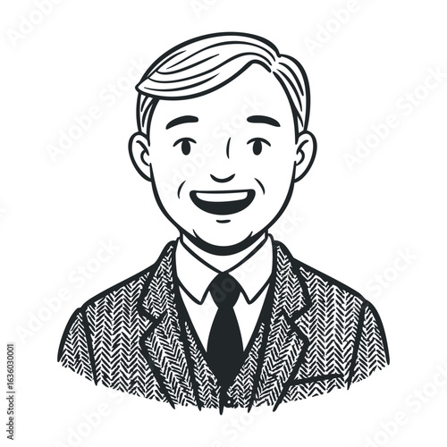 Smiling young caucasian male in suit sketch - business professional illustration. Vector illustration
