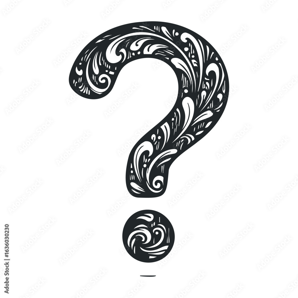 Naklejka premium Ornate black and white patterned question mark on white background. Vector illustration