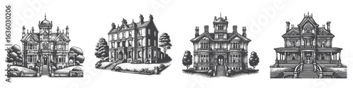 Vintage Hand-Drawn Sanatorium Illustration, Historic Medical Building Engraved Vector for Wellness and T-Shirt Design