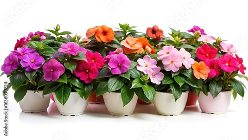 Wallpaper Mural Beautiful assortment of impatiens flowers in pots isolated on a white background Torontodigital.ca