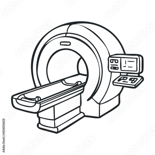 Medical mri scanner illustration with control panel displaying details. Vector illustration