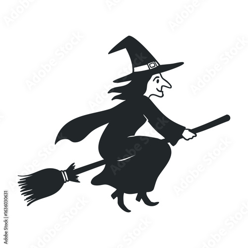 Silhouette of female witch on broomstick flying in halloween night. Vector illustration