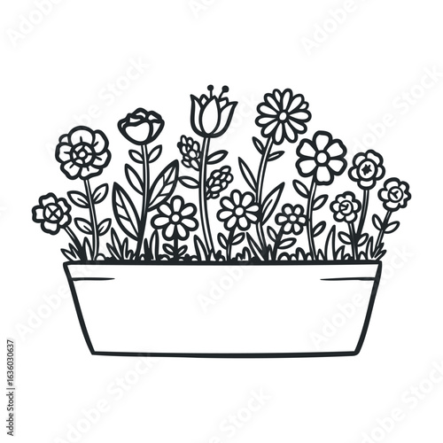 Line drawing of various flowers in a rectangular planter box. Vector illustration