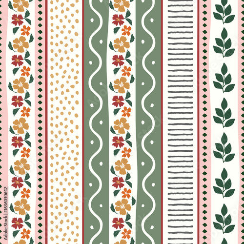 Hand-drawn boho rustic flower and vertical stripes seamless pattern. Cottagecore print aesthetic in sage green yellow and blush colors. Textile prints for fashion, home decor, wallpaper. 