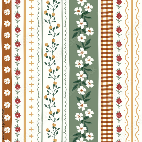 Hand-drawn boho rustic flower and vertical stripes seamless pattern. Cottagecore aesthetic design for fabric, wallpaper, home decor, and fashion textiles.