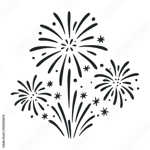 Black and white fireworks design with sparklers and bursts. Vector illustration