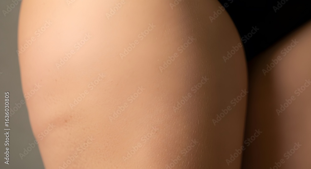 Naklejka premium Close-up of a person's smooth, tanned skin on their thigh, highlighting its texture and tone
