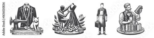Vintage Hand-Drawn Man Tailor Fixing Dress Illustration, Skilled Artisan Engraved Vector for Fashion and T-Shirt Design