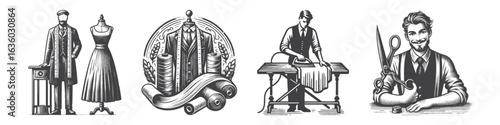 Vintage Hand-Drawn Man Tailor Smile Illustration, Happy Craftsman Engraved Vector for Fashion and T-Shirt Design