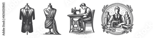 Vintage Hand-Drawn Man Tailor with Mannequin Illustration, Fashion Artisan Engraved Vector for Sewing and T-Shirt Design