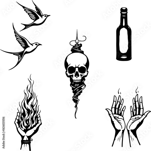 Vintage Skull & Flame Tattoo Art Set
