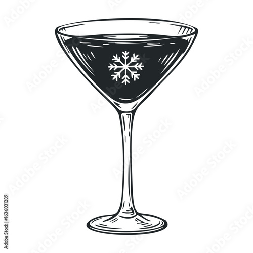 Elegant martini glass with snowflake design - festive cocktail illustration. Vector illustration