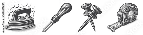 Vintage Hand-Drawn Tailor Gear Illustration, Sewing Tools Engraved Vector for Craft and T-Shirt Design