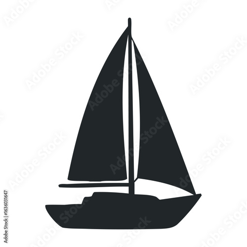 Simple black silhouette of a sailing boat with large sail on white background. Vector illustration