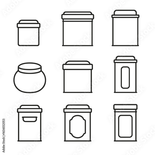 Tea Tin Icons. Line vector icons of Tea metal tins: small tea tin, medium tea tin, large tea tin, round tea tin, square tea tin,