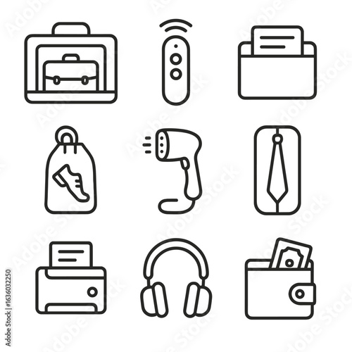 Business Travel Essentials Icons. Line style icons of Business Trip Essentials: laptop briefcase, presentation clicker, card