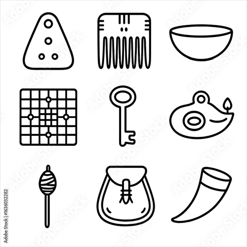 Viking Daily Life Icons. Line style icons of Viking Daily Life Items: loom weight, bone comb, wooden bowl, game tafl board, iron