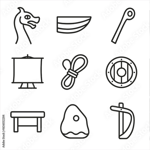 Viking Longship Icons. Line style icons of Viking Longship Elements: dragon prow, clinker plank, steering oar, sail square,
