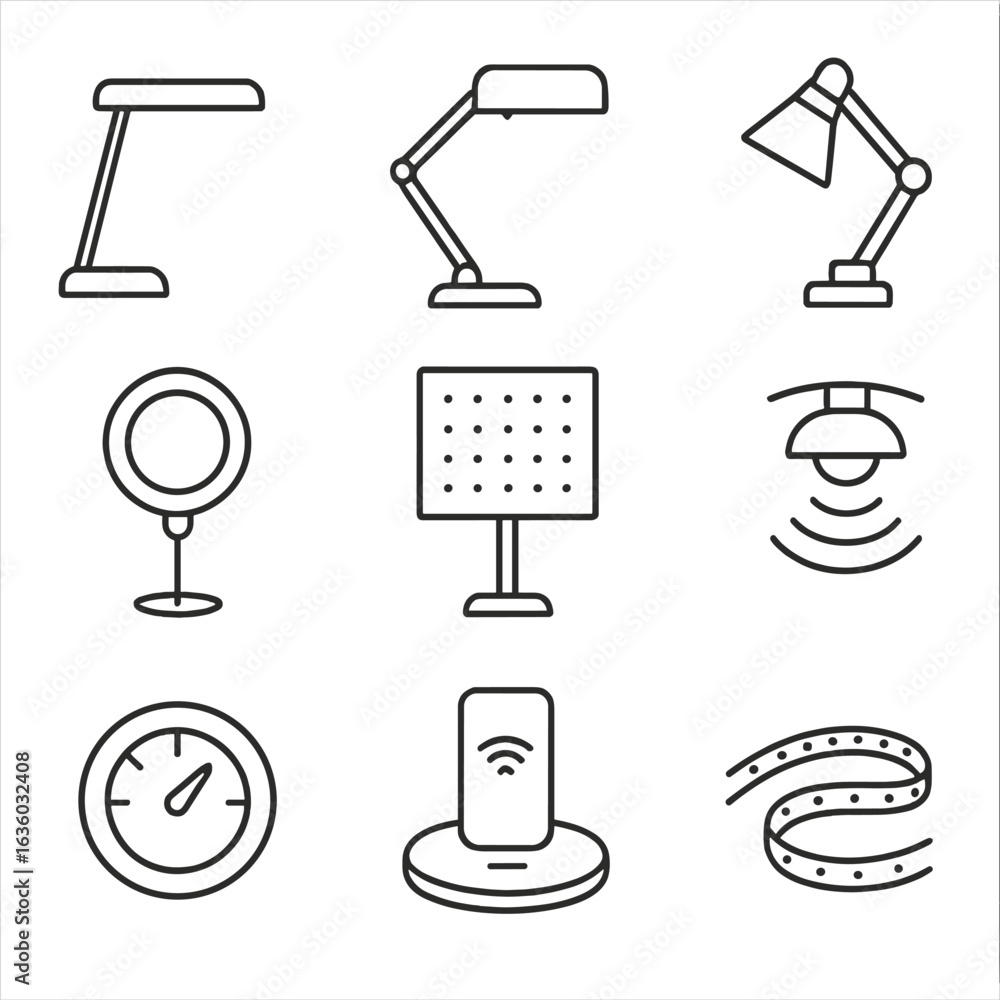 Obraz premium Task Lighting Icons. Line style icons of Task Lighting Solutions: LED desk lamp, adjustable arm lamp, clamp light, ring light,