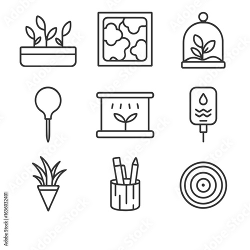 Biophilic Desk Icons. Line style icons of Biophilic Desk Accessories: desk planter, moss panel, terrarium dome, watering bulb,