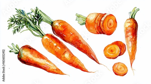 Watercolor Carrots Variety of Orange Root Vegetables Arranged Against White Background