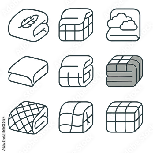 Bedding Icons Collection. Line vector icons of Duvet & Comforter Options: down duvet, down-alternative comforter, wool comforter,