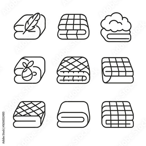 Bedding Icons Collection. Line vector icons of Duvet & Comforter Options: down duvet, down-alternative comforter, wool comforter,