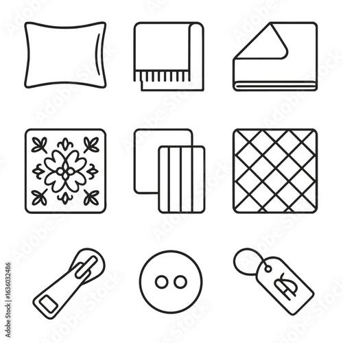 Luxury Bedding Icons. Line vector icons of Luxury Bedding Details: silk pillowcase, cashmere throw, high-thread-count sheet,
