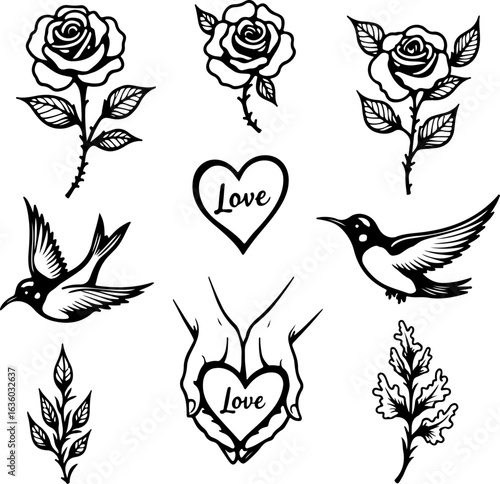 Poisoned Love: Skull & Roses heart, love, death, tattoo,  Tattoo Art" vector bundle