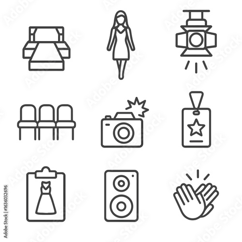 Runway Icon Set. Line style icons of Runway Fashion Show: catwalk stage, runway model, front row seat, overhead spotlight, camera